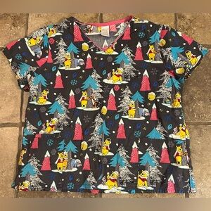 Disney Womens Scrubs Shirt Size 2XL Winnie The Pooh Tigger Eeyore Christmas